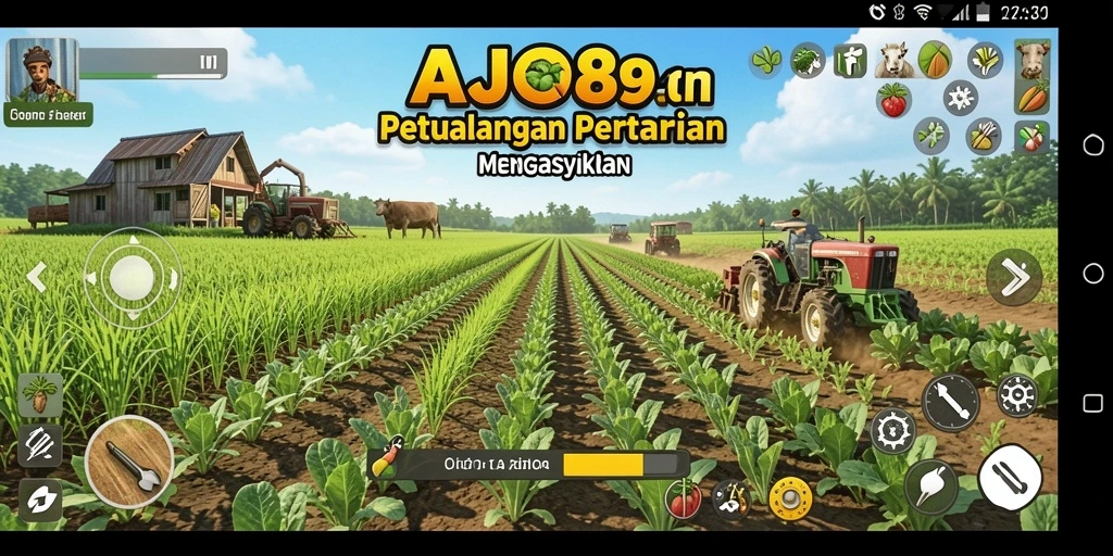 Tampilan gameplay AJO89 menunjukkan ladang yang luas dan penuh warna.