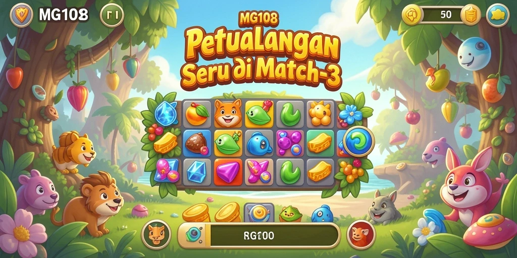 Screenshot gameplay MG108 yang asyik dengan banyak tantangan Match-3.