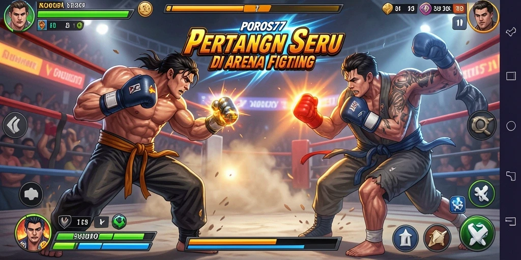 Screenshot utama POROS77 menampilkan aksi pertarungan yang mendebarkan.